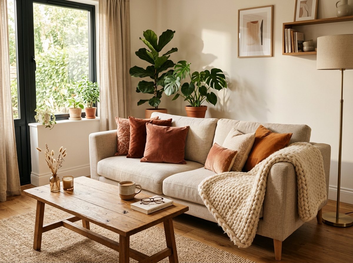 Cozy warm living room sofa with terracotta pillows and chunky blanket