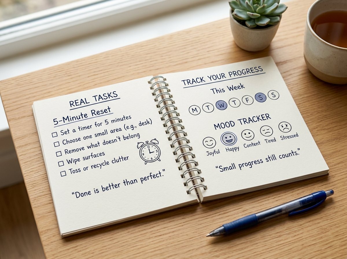 Open Workbook Spread showing 5-minute reset checklist and mood tracker